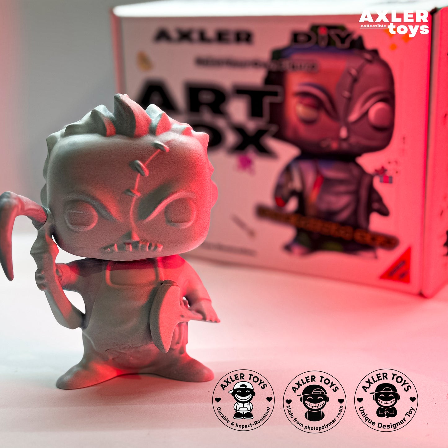 Toy figure pudge dota 2 with a red glow in front of an Axler Toys box