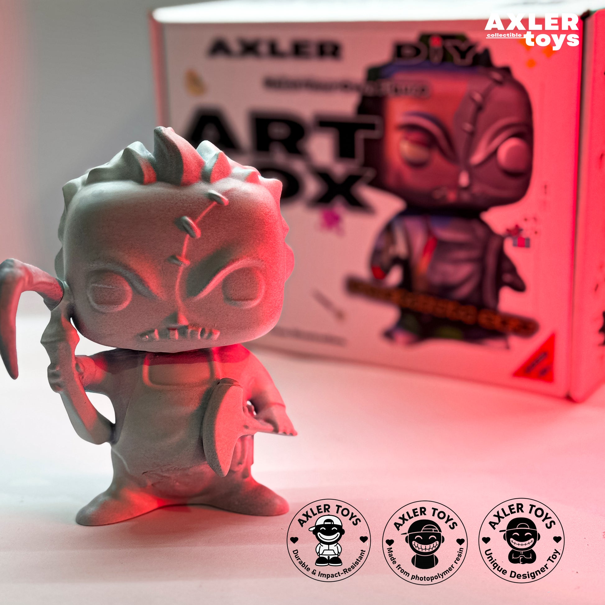 Toy figure pudge dota 2 with a red glow in front of an Axler Toys box