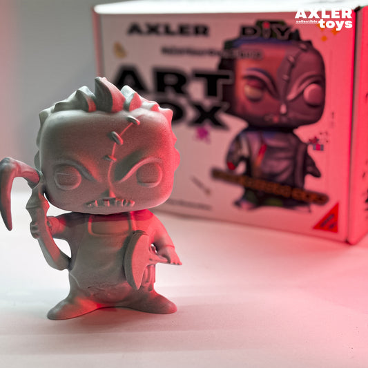 Toy figure pudge dota 2 with a red glow in front of an Axler Toys box