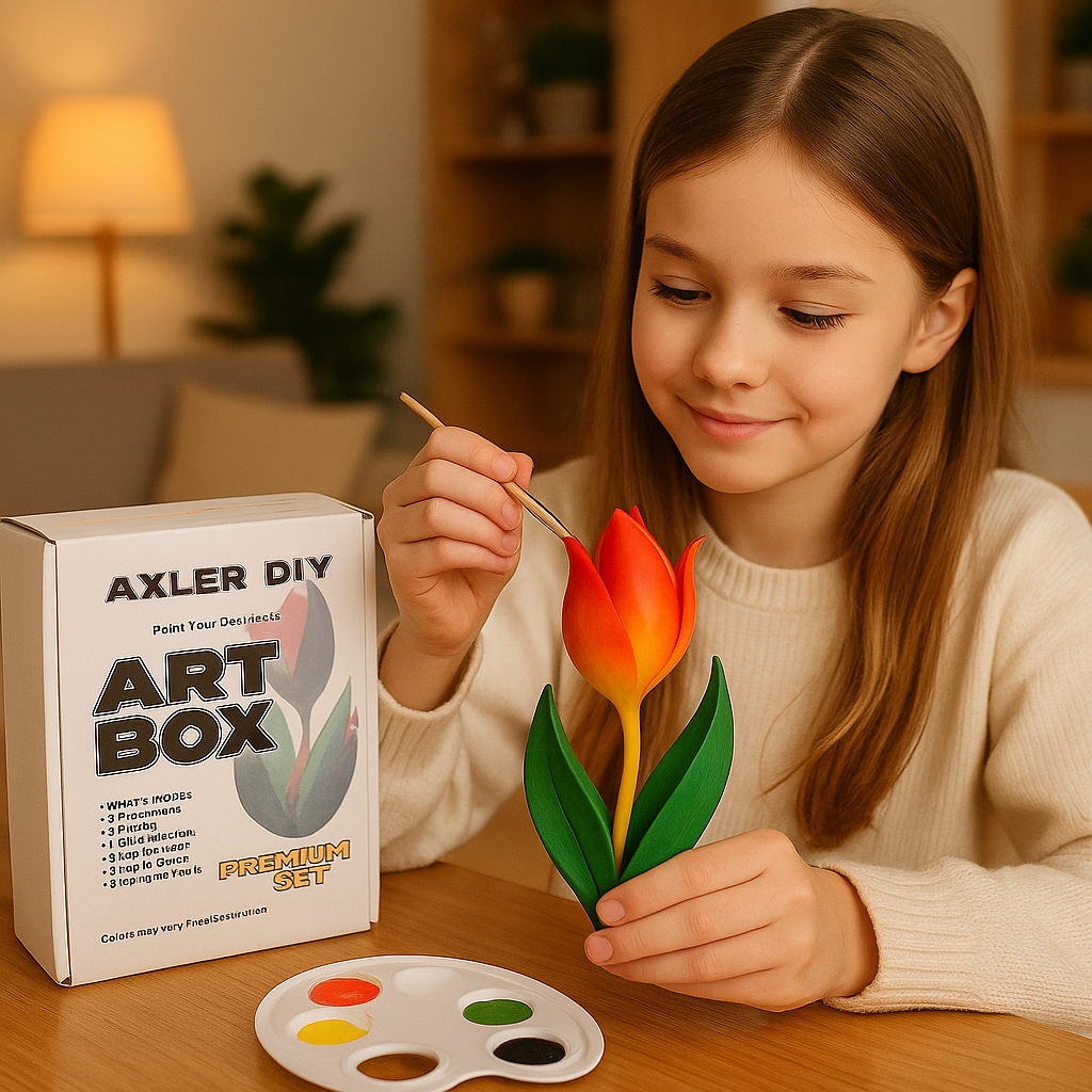 Young girl holding a painted tulip next to an AXLER DIY Art Box in a cozy indoor setting.