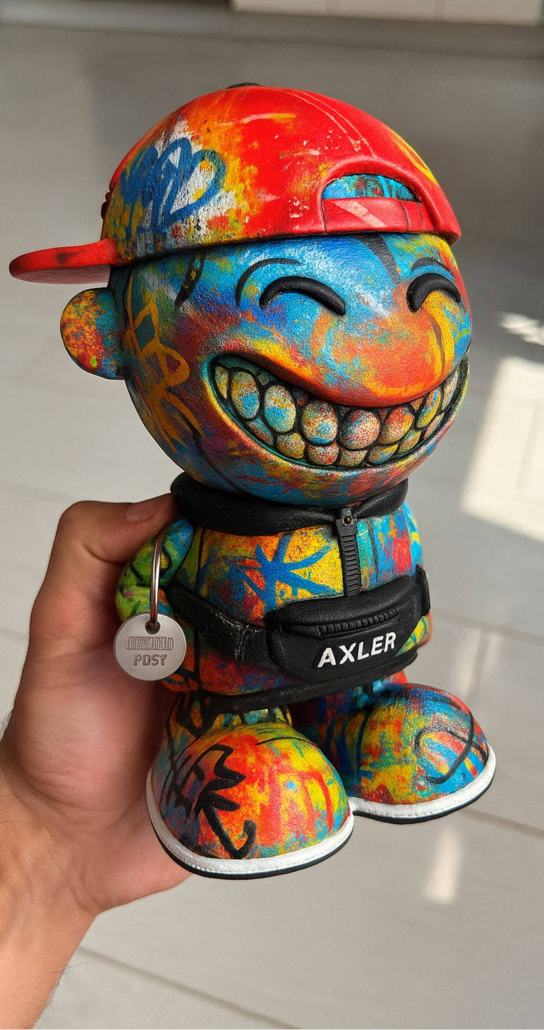 Colorful toy figure with a tie-dye design held by a hand on a light-colored floor.
